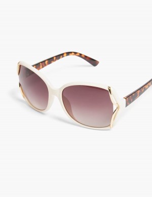 Women Lane Bryant Beige & Goldtone Side-Detail Rounded Square Sunglasses White Rose | XKJ8873TH