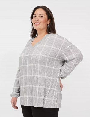 Women Lane Bryant Blouson-Sleeve V-Neck Waffle Tunic T Shirts Grey | XWD3691JW