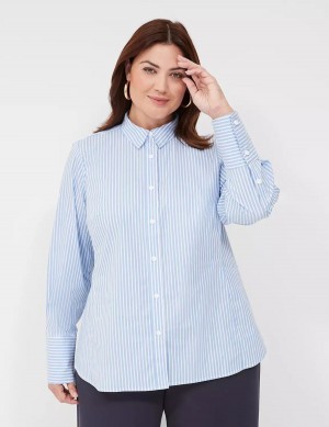 Women Lane Bryant Button-Down Stripe Girlfriend Shirts Light Blue Stripes | YDJ9035TS