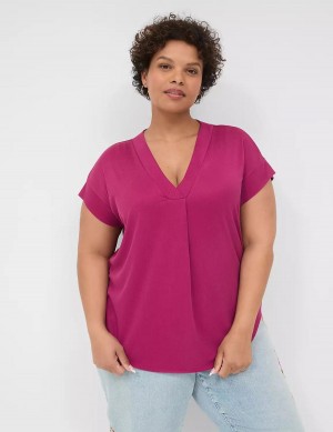 Women Lane Bryant Cap-Sleeve V-Neck Pleat-Front Top T Shirts Purple | GCI1483QC