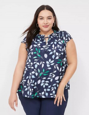 Women Lane Bryant Cap Flutter-Sleeve Satin & Knit Top T Shirts Navy | REM617SK