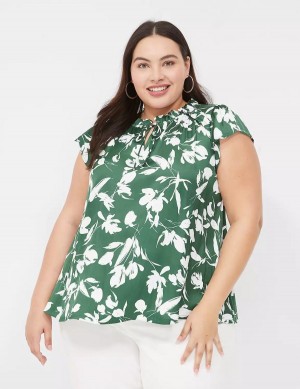 Women Lane Bryant Cap Flutter-Sleeve Satin & Knit Top T Shirts Green | LCF6553EQ