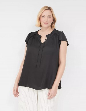 Women Lane Bryant Cap Flutter-Sleeve Satin & Knit Top T Shirts Black | VBJ6127SQ