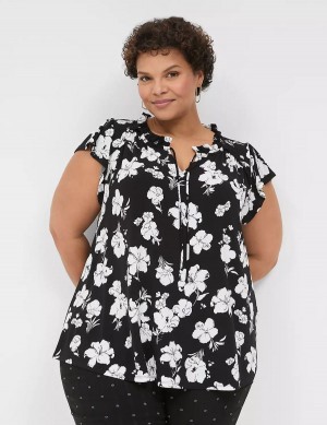 Women Lane Bryant Cap Flutter-Sleeve Top T Shirts Black White | YOO3313VS