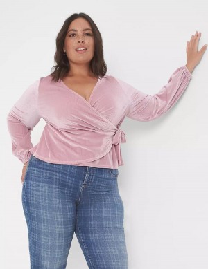 Women Lane Bryant Classic Blouson-Sleeve Surplice Tie Velour Top T Shirts Purple | XDX126UW