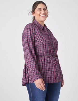 Women Lane Bryant Classic Button-Front Elastic-Waist Tunic Shirts Purple | CXT4193QW