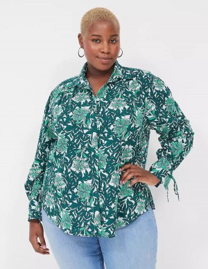 Women Lane Bryant Collared Button-Front Tie-Cuff Blouse Green Multicolor | FBY264WG