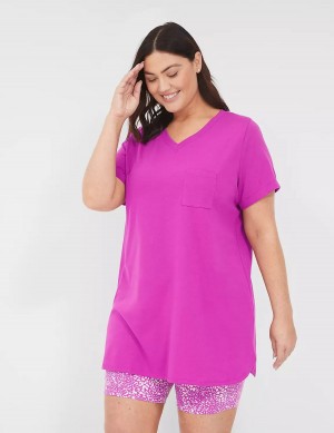 Women Lane Bryant Comfy Cotton Pocket Tee & Bike Short PJ Set Pajamas Purple Burgundy | EGC8633XL