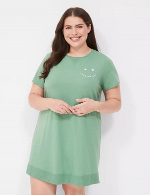 Women Lane Bryant Comfy Cotton Rib-Trim Sleepshirt T Shirts Green | NPR4743KN