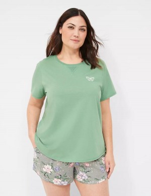 Women Lane Bryant Comfy Cotton Rib-Trim Tee & Short PJ Set Pajamas Green Multicolor | BIK8148UB