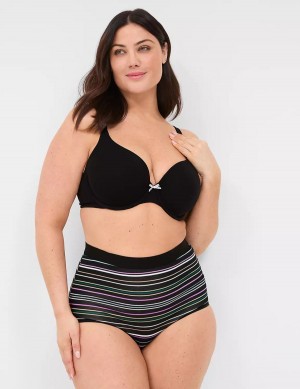 Women Lane Bryant Cotton High-Waist With Wide Waistband Briefs Black Stripes | SSZ9580TS
