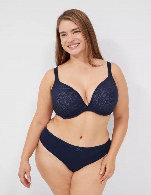 Women Lane Bryant Cotton With Lace Waist Thong Panty Blue | QGQ10056MP
