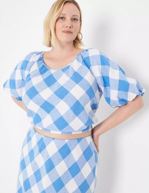 Women Lane Bryant Crop Balloon-Sleeve Top T Shirts Blue White | JQV6124CT