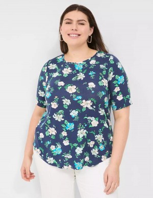Women Lane Bryant Curved-Hem Perfect Sleeve Tee T Shirts Navy | XHE5466HN