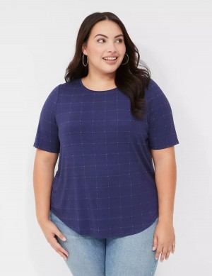 Women Lane Bryant Curved-Hem Perfect Sleeve Tee T Shirts Dark Blue | VUG2366KL