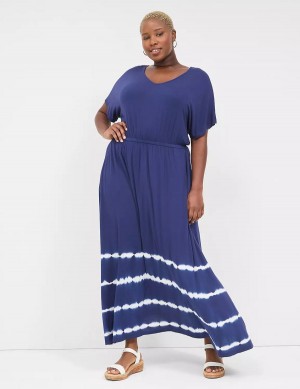 Women Lane Bryant Dolman-Sleeve V-Neck Tie Dye Casual Dress Navy | BET5436XA