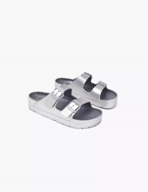 Women Lane Bryant Double-Band Slide Sandals Grey | HGV609KJ