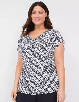 Women Lane Bryant Drawcord Cap-Sleeve Drape-Neck Top T Shirts Navy | XWG4382WG