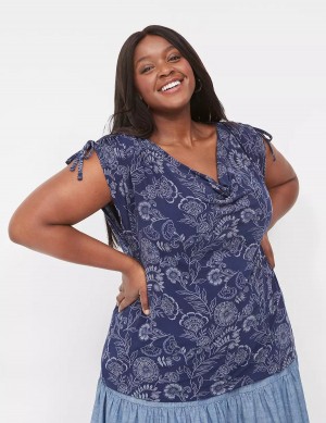 Women Lane Bryant Drawcord Cap-Sleeve Drape-Neck Top T Shirts Navy | WKP6080JQ