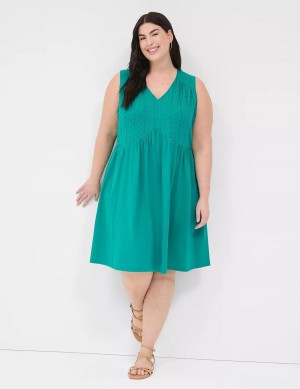 Women Lane Bryant Easy Swing Eyelet-Bodice Casual Dress Light Turquoise | CNC7512MQ