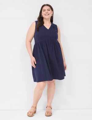 Women Lane Bryant Easy Swing Eyelet-Bodice Casual Dress Blue | UJP9747JM
