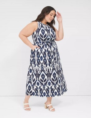 Women Lane Bryant Elastic-Neck Tie-Waist Midi Dress Navy | ASY6711IB