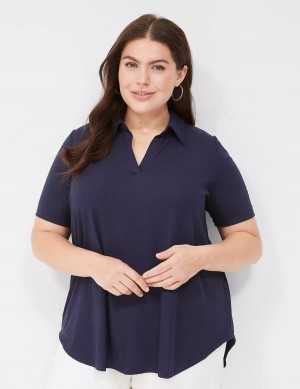 Women Lane Bryant Elbow-Sleeve Split-Neck Swing Polo Top T Shirts Blue | QSL3168NM