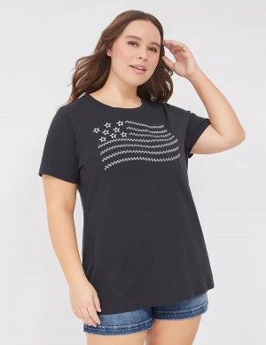 Women Lane Bryant Embroidered Flag Graphic Tee T Shirts Black | AQI9227OI