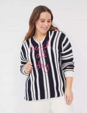 Women Lane Bryant Embroidered Hooded Pullover Sweaters Black White Stripes | NRY105LG