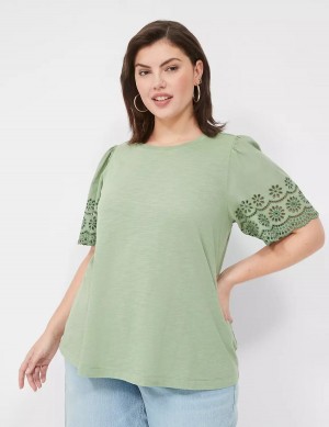 Women Lane Bryant Eyelet-Sleeve Crew-Neck Knit Tee Tank Top Light Green | XGK656XJ