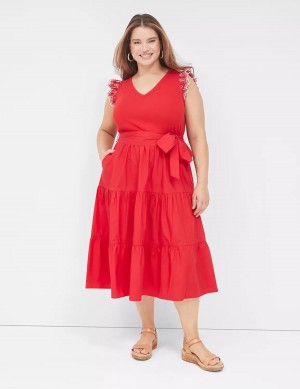 Women Lane Bryant Eyelet-Sleeveed Midi Dress Red | FLT9384WI