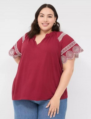Women Lane Bryant Eyelet Short-Sleeve Knit Top T Shirts Deep Red | BBO759IQ