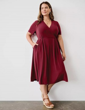 Women Lane Bryant Faux-Wrap Jersey Midi Dress Deep Red | EHV9363UD