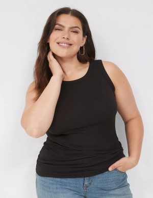 Women Lane Bryant Fitted High-Neck Rib Tank Top Black | IJP5235OQ