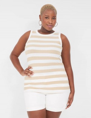 Women Lane Bryant Fitted High-Neck Ribbed Tank Top Brown White | RFY2839IS
