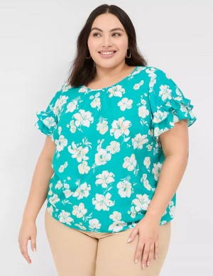 Women Lane Bryant Flutter-Sleeve Crew-Neck Top T Shirts Turquoise | TJT4139BZ