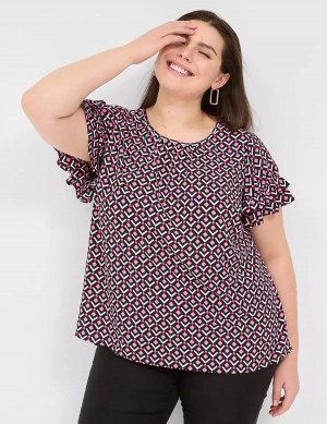 Women Lane Bryant Flutter-Sleeve Crew-Neck Top T Shirts Pink Navy | YUJ8926PB