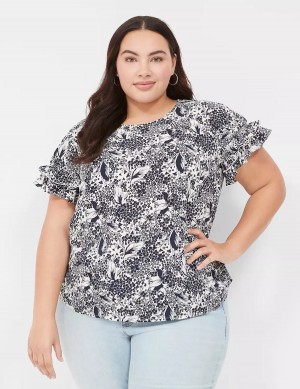Women Lane Bryant Flutter-Sleeve Crew-Neck Top T Shirts Navy Cream | ICL84VO