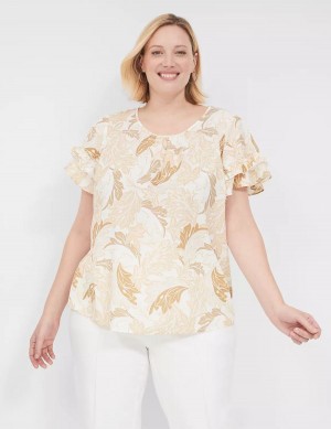 Women Lane Bryant Flutter-Sleeve Crew-Neck Top T Shirts Brown Multicolor | DJA54100GY