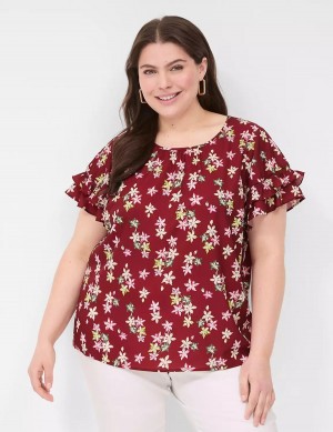 Women Lane Bryant Flutter-Sleeve Crew-Neck Top T Shirts Red Multicolor | XSH4277WT
