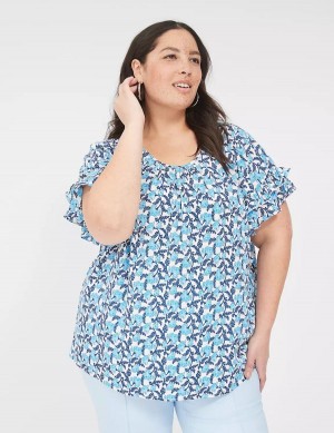 Women Lane Bryant Flutter-Sleeve Crew-Neck Top T Shirts Blue | ACQ7347AS