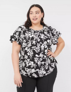 Women Lane Bryant Flutter-Sleeve Crew-Neck Top T Shirts Black | AWF7058QK