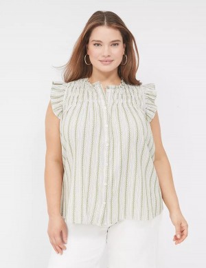 Women Lane Bryant Flutter-Sleeve Ruffle-Neck Blouse Green Stripes | VAB4791ZH