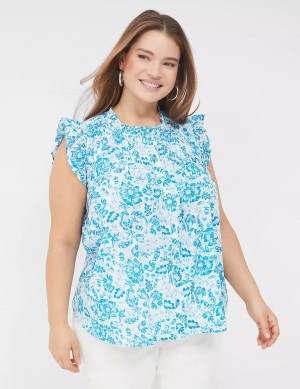 Women Lane Bryant Flutter-Sleeve Ruffle-Neck Blouse Blue | RTN8020JO