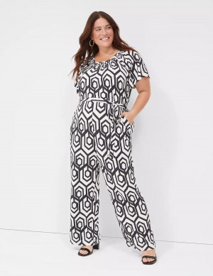 Women Lane Bryant Flutter-Sleeve Smocked-Neck Wide Leg Jumpsuit Navy | GMC94100VN