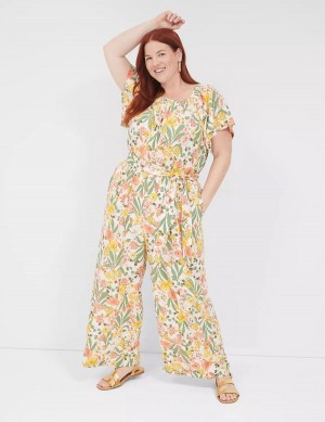 Women Lane Bryant Flutter-Sleeve Smocked-Neck Wide Leg Jumpsuit Yellow Multicolor | CUZ6685EW