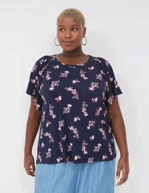 Women Lane Bryant Flutter-Sleeve Smocked Top T Shirts Pink Navy | UIX4738JU