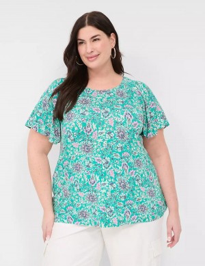 Women Lane Bryant Flutter-Sleeve Smocked Top T Shirts Light Turquoise | LWT9165CL