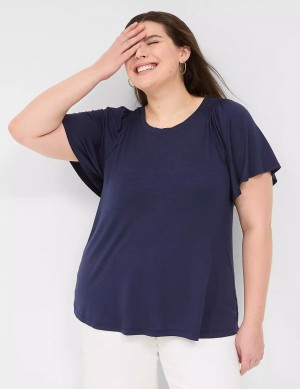 Women Lane Bryant Flutter-Sleeve Smocked Top T Shirts Blue | MDD560VY