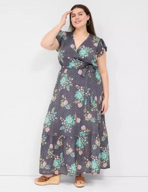 Women Lane Bryant Flutter-Sleeve Surplice-Neck Maxi Dress Black Green | YMX3913UF